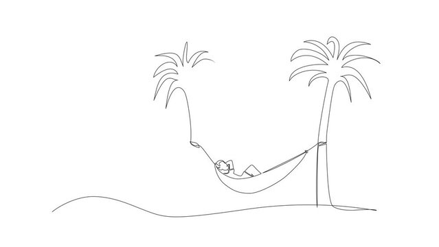 animated continuous single line drawing of person relaxing in hammock between palm trees, line art animation