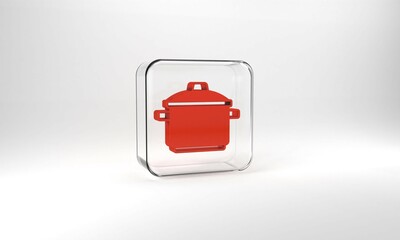 Red Cooking pot icon isolated on grey background. Boil or stew food symbol. Glass square button. 3d illustration 3D render