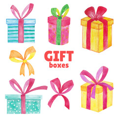 Watercolor set of gift boxes and bows. Christmas, birthday. Decorations isolated on white background. Collection for design, print for paper, packaging, postcards, cards. Festive clip art. Hand drawn.