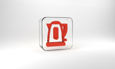 Red Electric kettle icon isolated on grey background. Teapot icon. Glass square button. 3d illustration 3D render