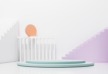 Empty Podium, showcase, stand of stairs, arches for advertising, presentation of goods, products. Abstract composition, background of geometric objects - 3D render. Minimal white studio with showcase
