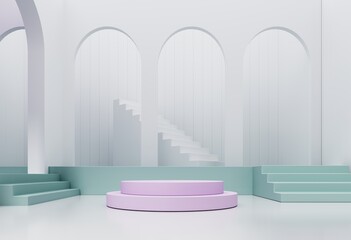 Empty Podium, showcase, stand of stairs, arches for advertising, presentation of goods, products. Abstract composition, background of geometric objects - 3D render. Minimal white studio with showcase