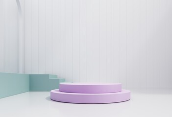 Fototapeta na wymiar Empty Podium, showcase, stand of stairs, arches for advertising, presentation of goods, products. Abstract composition, background of geometric objects - 3D render. Minimal white studio with showcase