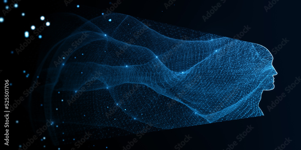 Aufkleber Abstract wide digital head outline with glowing lines and blurry bokeh circles on blue texture. Technology, future, ai and machine learning concept. 3D Rendering.