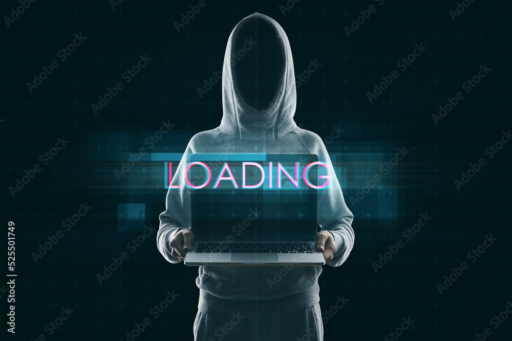 Poster Hacker holding computer with abstract creative digital text hologram on dark background. Loading, hacking, technology and ai concept.