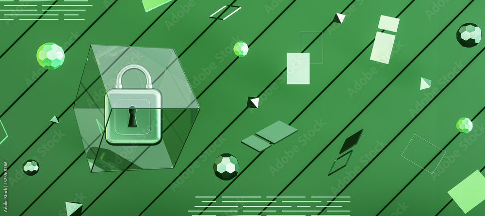 Poster Modern web protection wide green background with padlock and other icons. Secure, safety and web browser concept. 3D Renderin.