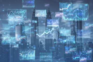 Creative business forex chart hologram on blurry city background. Finance, stock, trade and financial growth. Double exposure.