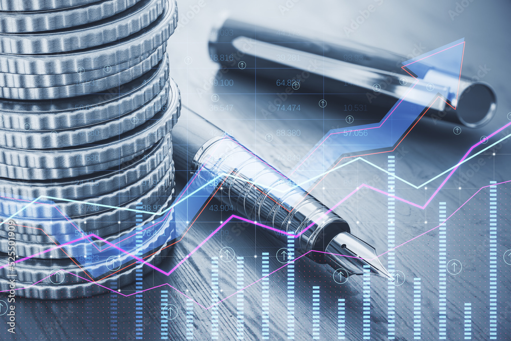 Poster stacked coins and pen with creative glowing forex chart and arrows on index grid hologram, blurry ba