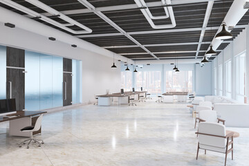 Modern light coworking office interior with furniture and equipment. 3D Rendering.