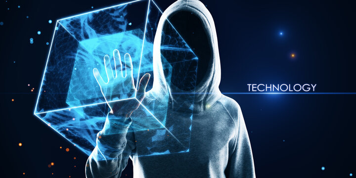 Hacker in hoodie using creative square polygonal technology hologram on blurry background. Geometry, hacking, big data and tech concept. - Powered by Adobe
