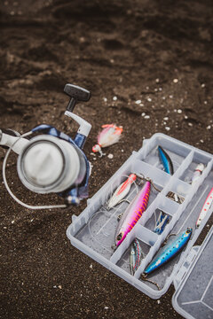 Fishing tackle on ground in countryside