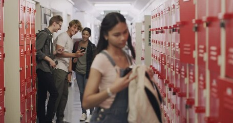 Bullying, depression and stress for sad high school girl at the locker with phone. Children, bullies and cyber bully, kids with social anxiety. Young victim learning to overcome gossip from students