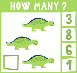 Obraz premium Count how many dinosaurs. Mini math game how many for preschoolers and kindergarten. Cartoon Vector Illustration of Education Counting Game for Preschool Children. Three objects