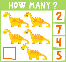Count how many dinosaurs. Mini math game how many for preschoolers and kindergarten. Cartoon Vector Illustration of Education Counting Game for Preschool Children. Five objects