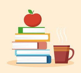 Education concept - stack of books, apple and cup of tea