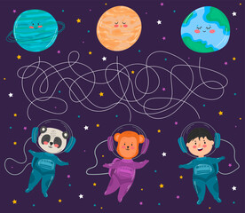 Space Adventure with labyrinth, Children's maze game, funny Educational, logic. Cute Cartoon planets, stars, astronauts. Kid's card background. Hand drawn elements, vector illustration