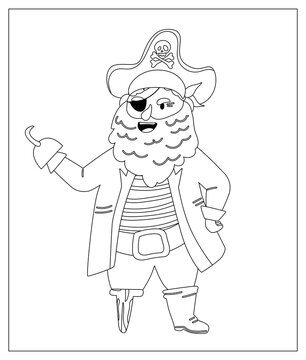 Coloring Page Outline Of Cartoon Pirate with prothesis. Coloring book for kids. Vector image for pirate party for children
