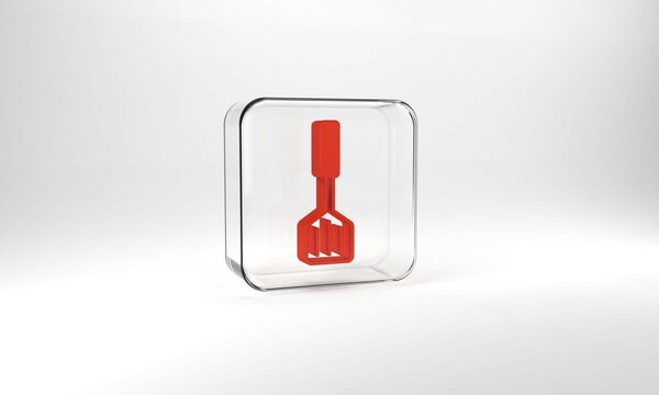 Red Spatula Icon Isolated On Grey Background. Kitchen Spatula Icon. BBQ Spatula Sign. Barbecue And Grill Tool. Glass Square Button. 3d Illustration 3D Render