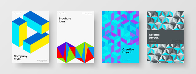 Original booklet vector design template collection. Bright geometric hexagons leaflet layout composition.
