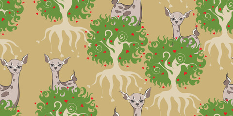 Seamless pattern with deers and tree with heart shape