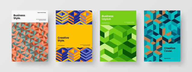 Minimalistic geometric pattern handbill concept set. Bright company brochure design vector template collection.