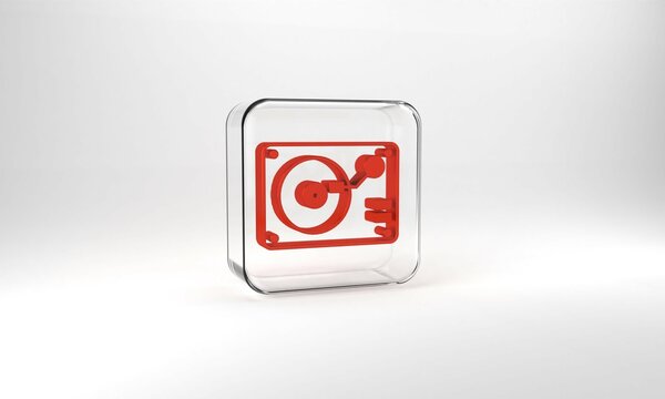 Red Vinyl player with a vinyl disk icon isolated on grey background. Glass square button. 3d illustration 3D render