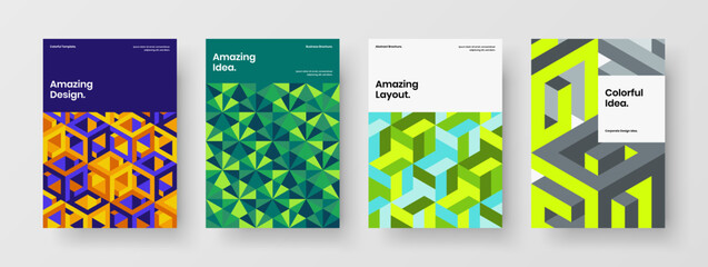 Fototapeta premium Vivid mosaic pattern presentation concept bundle. Isolated corporate brochure design vector template collection.