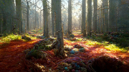 An old, colorful, mysterious autumn forest - obrazy, fototapety, plakaty