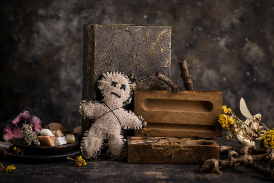 Voodoo doll. Black magic esoteric ritual. Halloween concept.