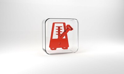 Red Classic Metronome with pendulum in motion icon isolated on grey background. Equipment of music and beat mechanism. Glass square button. 3d illustration 3D render