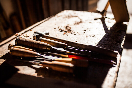 Woodworker tools on workbench