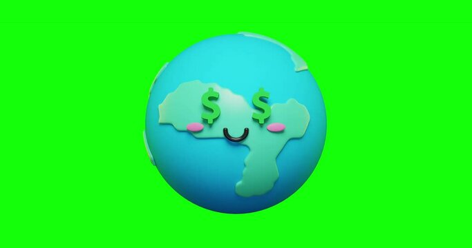 Looped Cute and adorable 3d Earth with dollar symbols emoji character emoticons. 