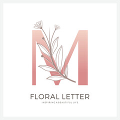 Floral letter M logo design for Luxury, Restaurant, Royalty, Boutique, Hotel, Jewelry, Fashion and other vector illustration for business and company
