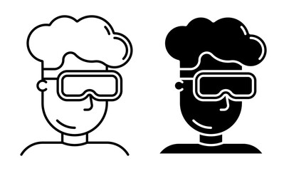Linear icon, teenager boy in 3D gaming glasses. Virtual reality glasses. Simple black and white vector isolated on white background