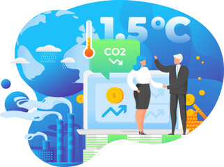 Business commitment to reduce carbon emission and limit global warming to 1.5 degree celsius. Green economy and environment, vector illustration. Businessman invest money to sustainable business