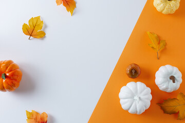 Creative flat lay composition made of pumpkins and colorful autumn leaves on autumn colors background with copy space. Minimal season concept.