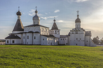 View of the UNESCO monument Ferapontov Monastery.  Beautiful summer sunny look of ancient orthodox monastery on hill in Vologodskaya oblast in Russian Federation