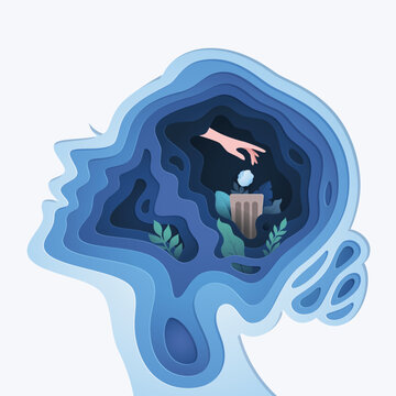 Paper cut layered human head with throwing garbage in trash bin, Business or mind psychology concept