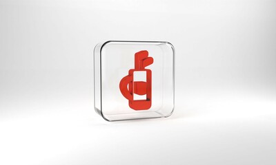 Red Golf bag with clubs icon isolated on grey background. Glass square button. 3d illustration 3D render