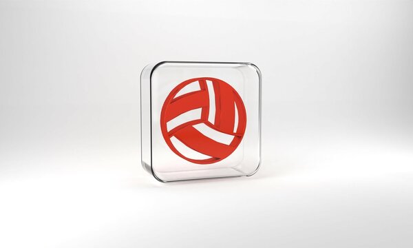 Red Volleyball ball icon isolated on grey background. Sport equipment. Glass square button. 3d illustration 3D render