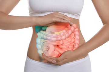Closeup view of woman with illustration of abdominal organs on her belly against white background - obrazy, fototapety, plakaty