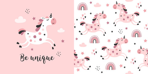 Seamless childish pattern with unicorn and rainbow  in pink sky. Cute vector texture for kids bedding, fabric, wallpaper, wrapping paper, textile, t-shirt print