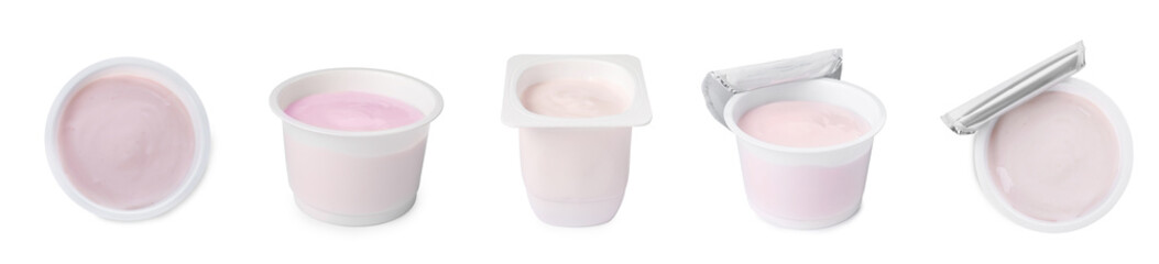 Set with delicious organic yogurts on white background. Banner design