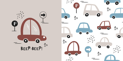 Seamless pattern for kids with street traffic. Childish print with toy car. Perfect for fabric, textile, bedding, wallpaper, sleepwear. Vector background.