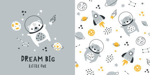 Seamless pattern with cute bear in space,  vector background. Perfect for fabric, childish textile, kids bedding, wallpaper, sleepwear. Scandinavian style.