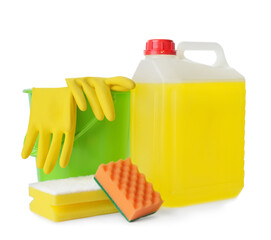 Set of different cleaning supplies on white background