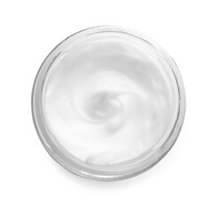 Jar of hand cream on white background, top view