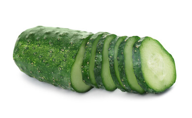 Fresh green sliced cucumber on white background