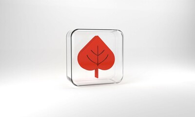 Red Leaf icon isolated on grey background. Leaves sign. Fresh natural product symbol. Glass square button. 3d illustration 3D render