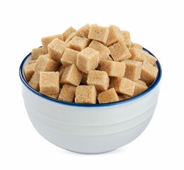 Bowl with cubes of brown sugar isolated on white